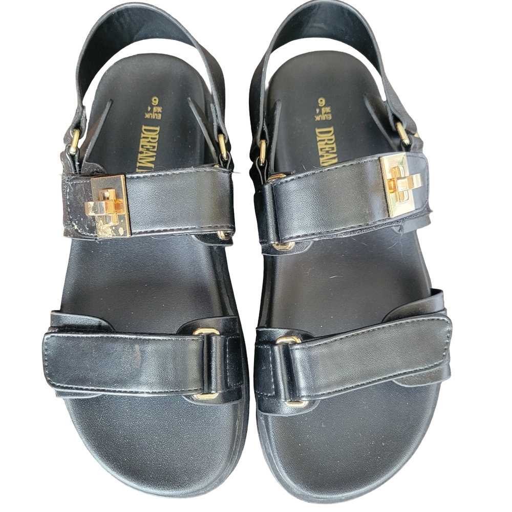 Black Leather Sandals with Gold Buckles